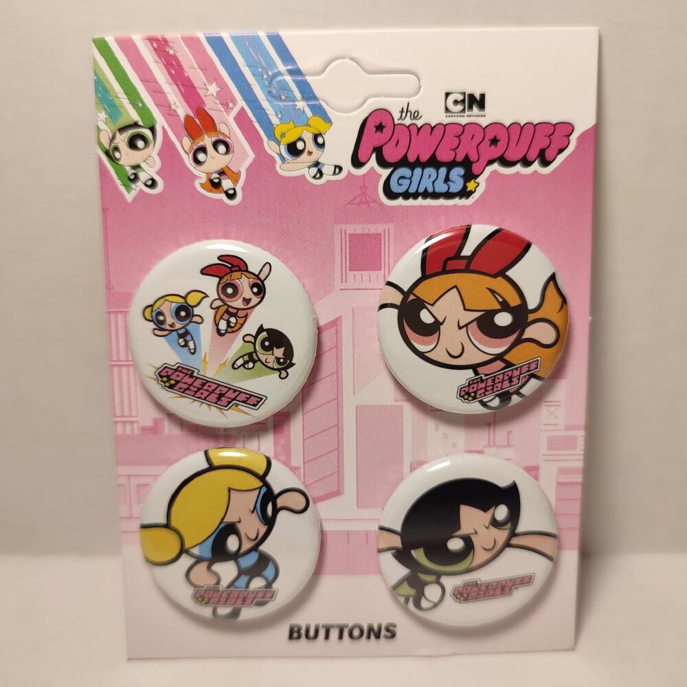 The Powerpuff Girls Pin Buttons Set of Four Official Made in USA Cartoon Badges